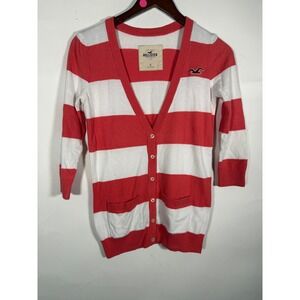Hollister Womens Red White Striped V-Neck Button Front Cardigan Sweater Size S